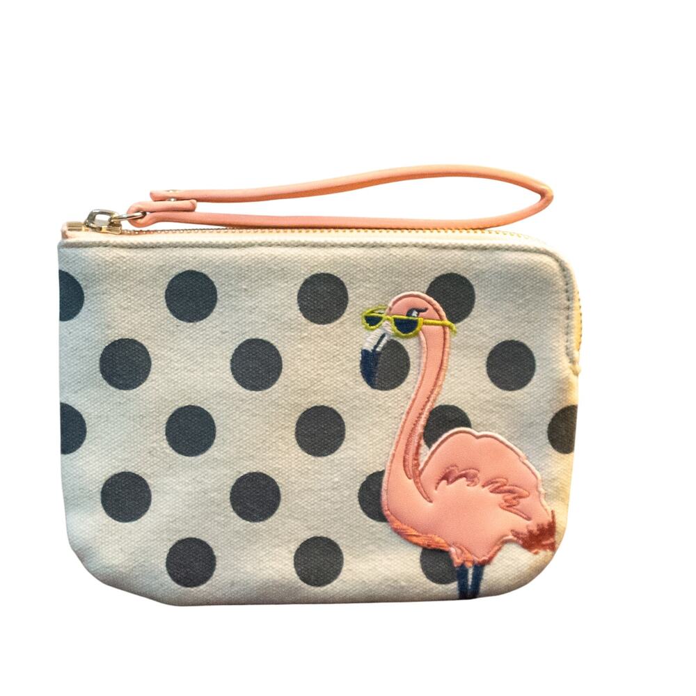 OLD NAVY Pink Flamingo Graphic Black Polka Dot Canvas Wristlet Wallet